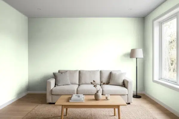 Living room with walls painted Benjamin Moore Green Essence 853 (simulated)