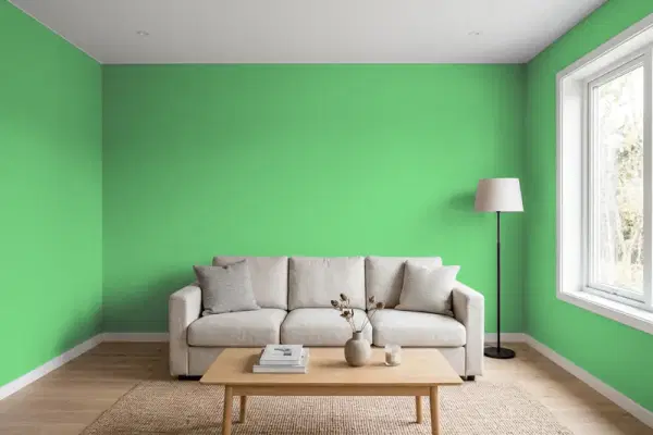 Living room with walls painted Valspar Green Galore 6004-10B (simulated)