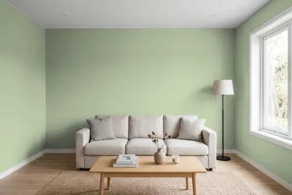 Living room with walls painted Valspar Green Garlands 5007-3C (simulated)