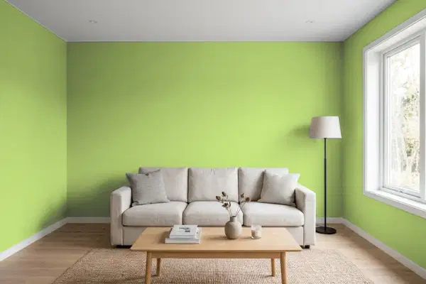 Living room with walls painted Valspar Green Gecko 6006-8A (simulated)