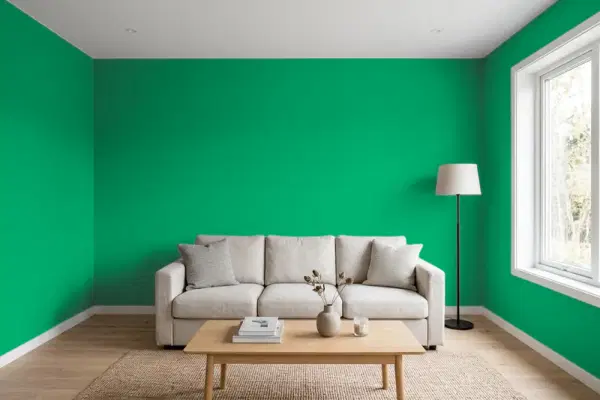 Living room with walls painted PPG Paints Green Gloss 1227-7 (simulated)