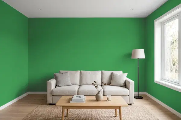 Living room with walls painted Behr Green Grass 450B-7 (simulated)