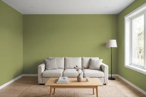 Living room with walls painted Valspar Green Jalapeño 6005-6C (simulated)