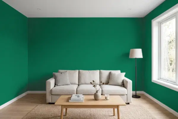 Living room with walls painted Benjamin Moore Green Meadows 2040-20 (simulated)