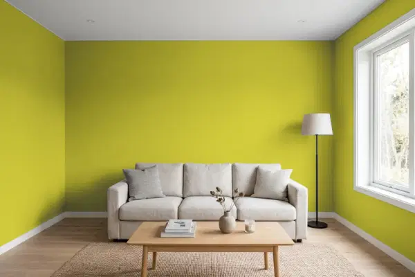 Living room with walls painted Behr Green Neon P340-6 (simulated)
