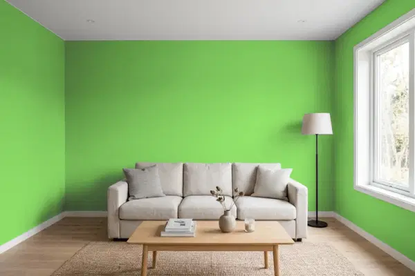 Living room with walls painted PPG Paints Green Pear 1224-7 (simulated)