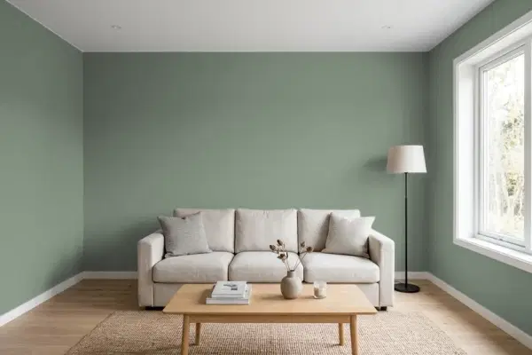 Living room with walls painted Valspar Green Peppercorn 5005-4B (simulated)