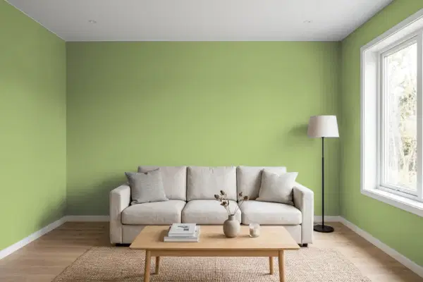 Living room with walls painted Behr Green Plaza MQ4-43 (simulated)