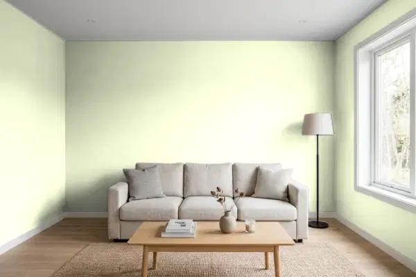 Living room with walls painted Behr Green Shimmer 420A-1 (simulated)