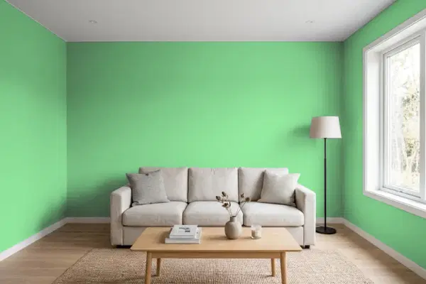 Living room with walls painted Valspar Green Shimmer 6004-10A (simulated)