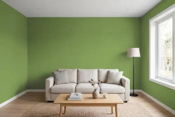 Living room with walls painted Behr Green Suede HDC-SM14-2 (simulated)