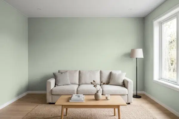Living room with walls painted Behr Green Tea ICC-56 (simulated)