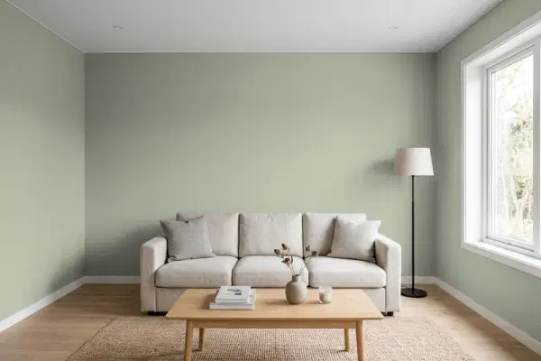 Living room with walls painted Valspar Green Tea Leaves 5004-1C (simulated)