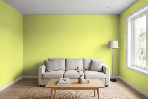 Living room with walls painted Valspar Green Tea 6008-8A (simulated)