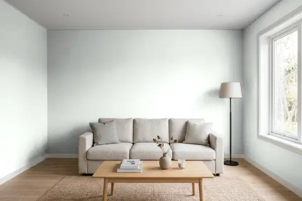 Living room with walls painted Benjamin Moore Green Tint 2139-60 (simulated)
