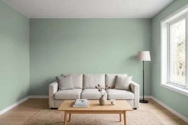 Living room with walls painted Behr Green Trellis MQ6-17 (simulated)