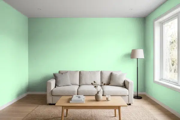 Living room with walls painted Valspar Green Vibe 6002-7B (simulated)