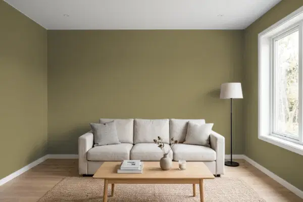 Living room with walls painted Benjamin Moore Greenbrook 517 (simulated)