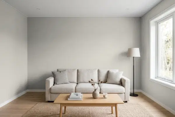 Living room with walls painted Behr Greige PPU24-11 (simulated)