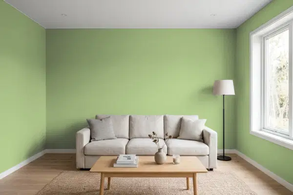 Living room with walls painted Benjamin Moore Grenada Green 432 (simulated)