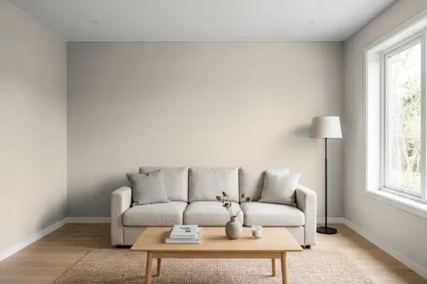Living room with walls painted Behr Grey Mist HDC-CT-21 (simulated)