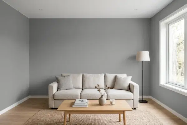 Living room with walls painted Valspar Grey Suit 4004-2A (simulated)
