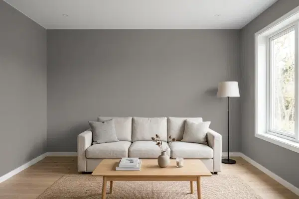Living room with walls painted Behr Greyhound PPU24-21 (simulated)