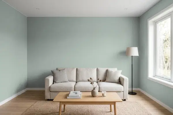 Living room with walls painted Benjamin Moore Greyhound 1579 (simulated)