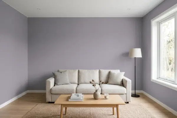 Living room with walls painted Sherwin-Williams Gris Morado SW 9156 (simulated)
