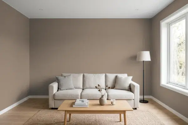 Living room with walls painted Behr Grizzly MQ2-38 (simulated)