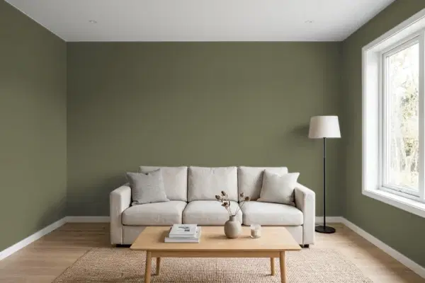 Living room with walls painted Behr Groundcover 400F-7 (simulated)