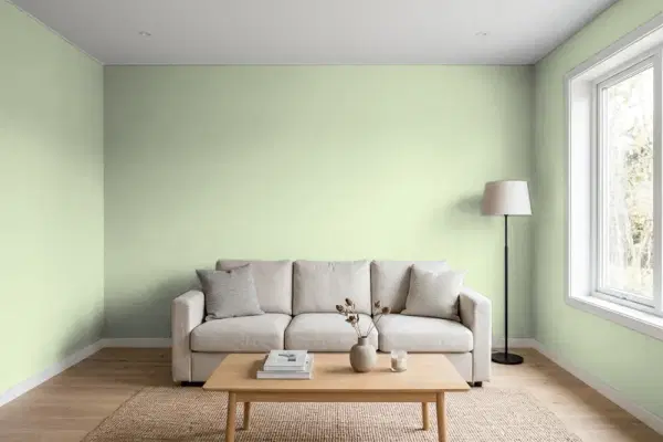 Living room with walls painted Behr Growing Season M380-3 (simulated)