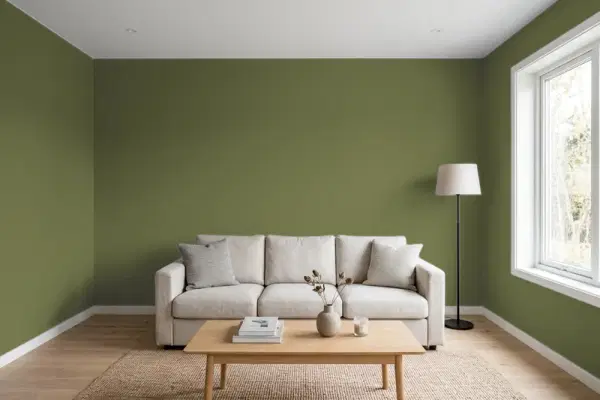 Living room with walls painted Benjamin Moore Guacamole 2144-10 (simulated)