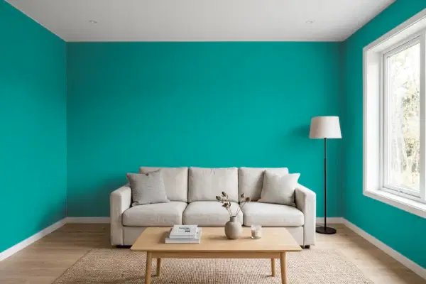 Living room with walls painted Benjamin Moore Gulf Shores 665 (simulated)