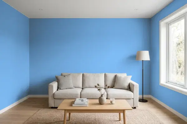 Living room with walls painted Behr Gulf Stream 570B-5 (simulated)