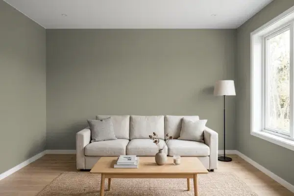 Living room with walls painted Benjamin Moore Gunsmith Gray CW-65 (simulated)