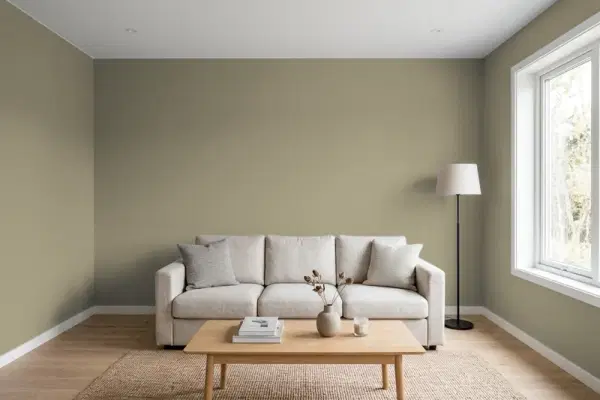 Living room with walls painted Benjamin Moore Hampshire Gray HC-101 (simulated)