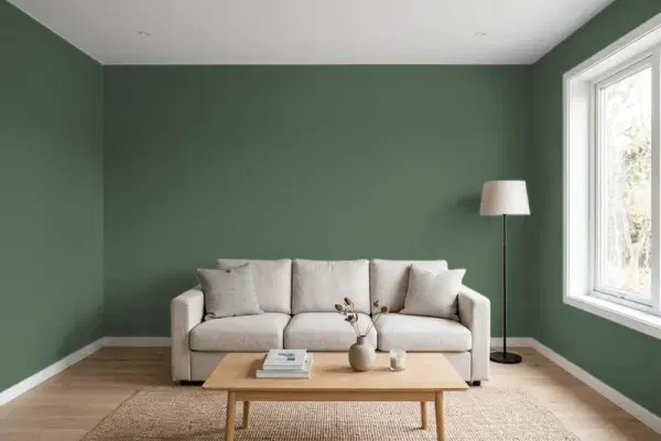 Living room with walls painted Behr Hampton Green 450F-7 (simulated)