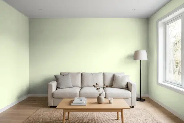 Living room with walls painted Benjamin Moore Hancock Green HC-117 (simulated)