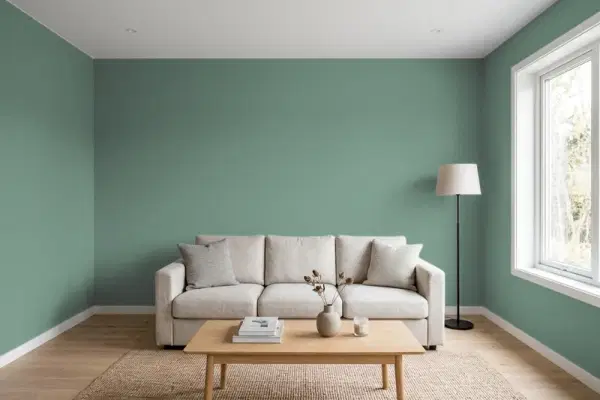 Living room with walls painted Valspar Hanging Vine 5005-6B (simulated)