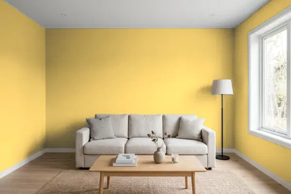 Living room with walls painted Benjamin Moore Hannah Banana CSP-955 (simulated)