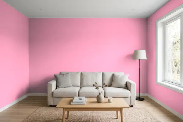 Living room with walls painted Valspar Harmonious Rose 1004-2A (simulated)