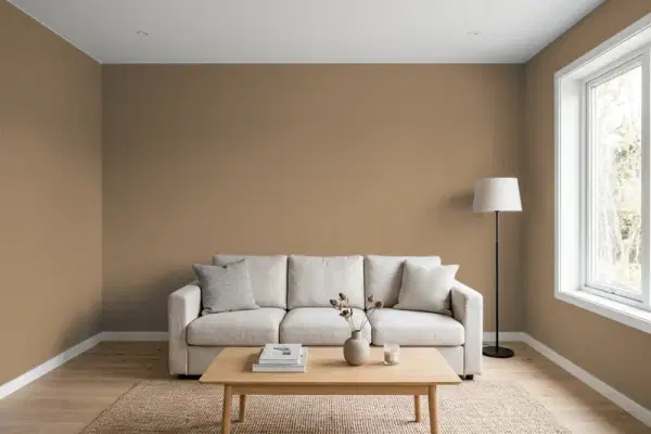 Living room with walls painted PPG Paints Hat Box Brown 1085-6 (simulated)