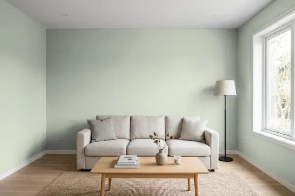 Living room with walls painted Sherwin-Williams Hazel Gaze SW 9652 (simulated)
