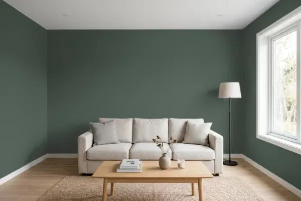 Living room with walls painted Behr Hazel Woods 460F-7 (simulated)
