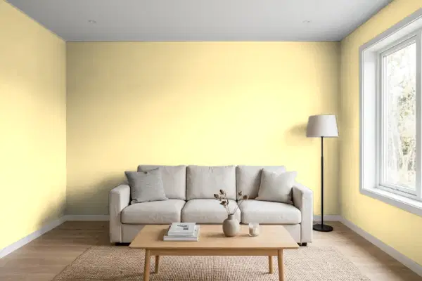 Living room with walls painted Valspar Hazy Dawn 3004-2B (simulated)