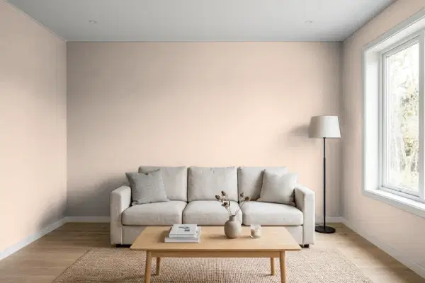Living room with walls painted Behr Hazy Taupe BIC-02 (simulated)