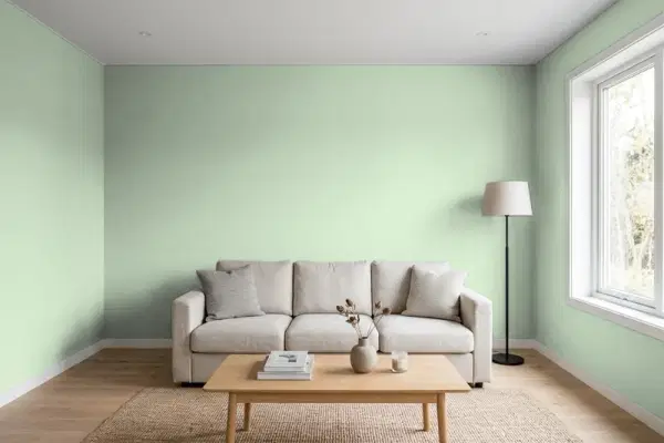 Living room with walls painted Behr Healing Aloe S400-3 (simulated)