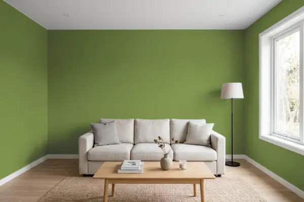 Living room with walls painted Behr Healing Plant M350-7 (simulated)