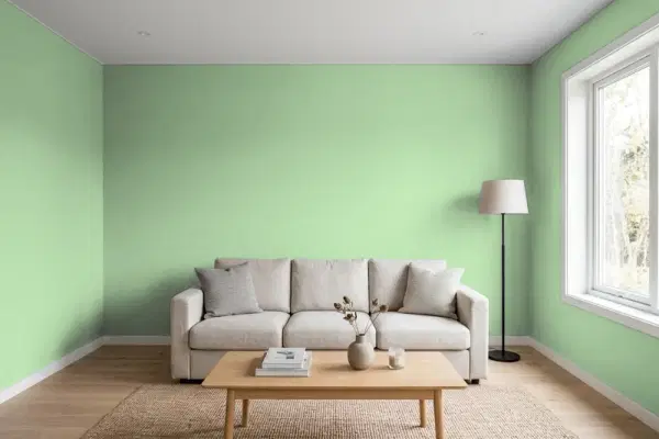 Living room with walls painted Valspar Heartland Frosty 5008-5C (simulated)